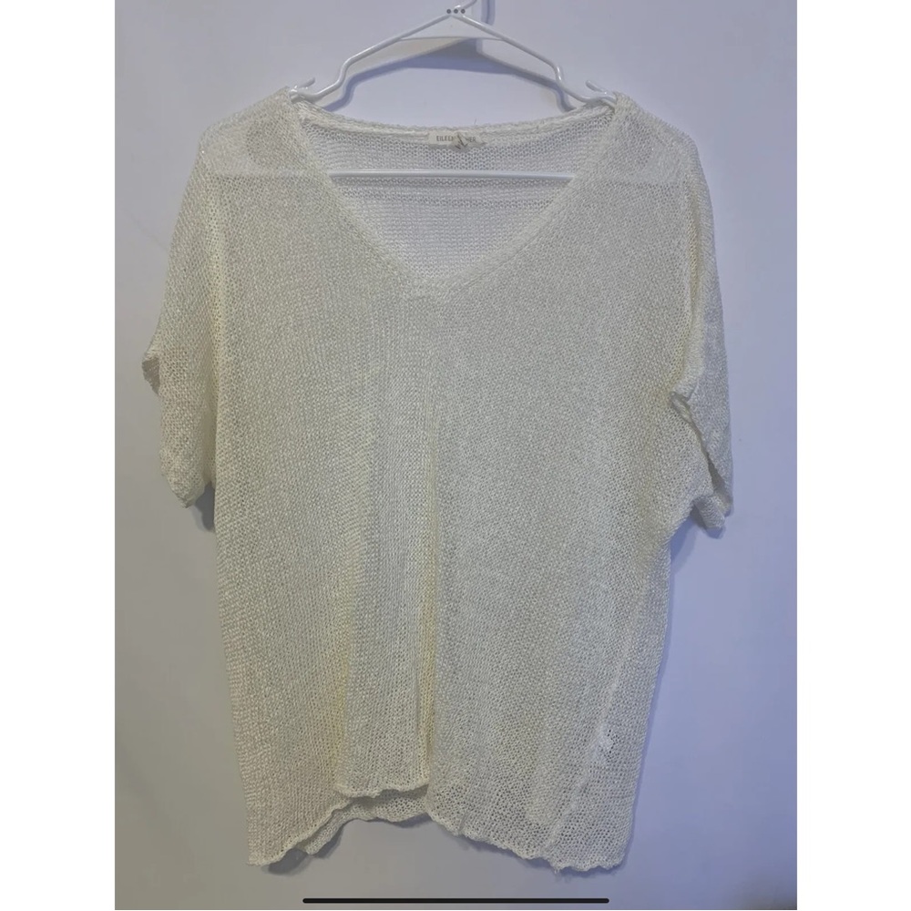 EUC EILEEN FISHER Bateau Neck Cropped Poncho Shirt Open Twist Knit Size XL White